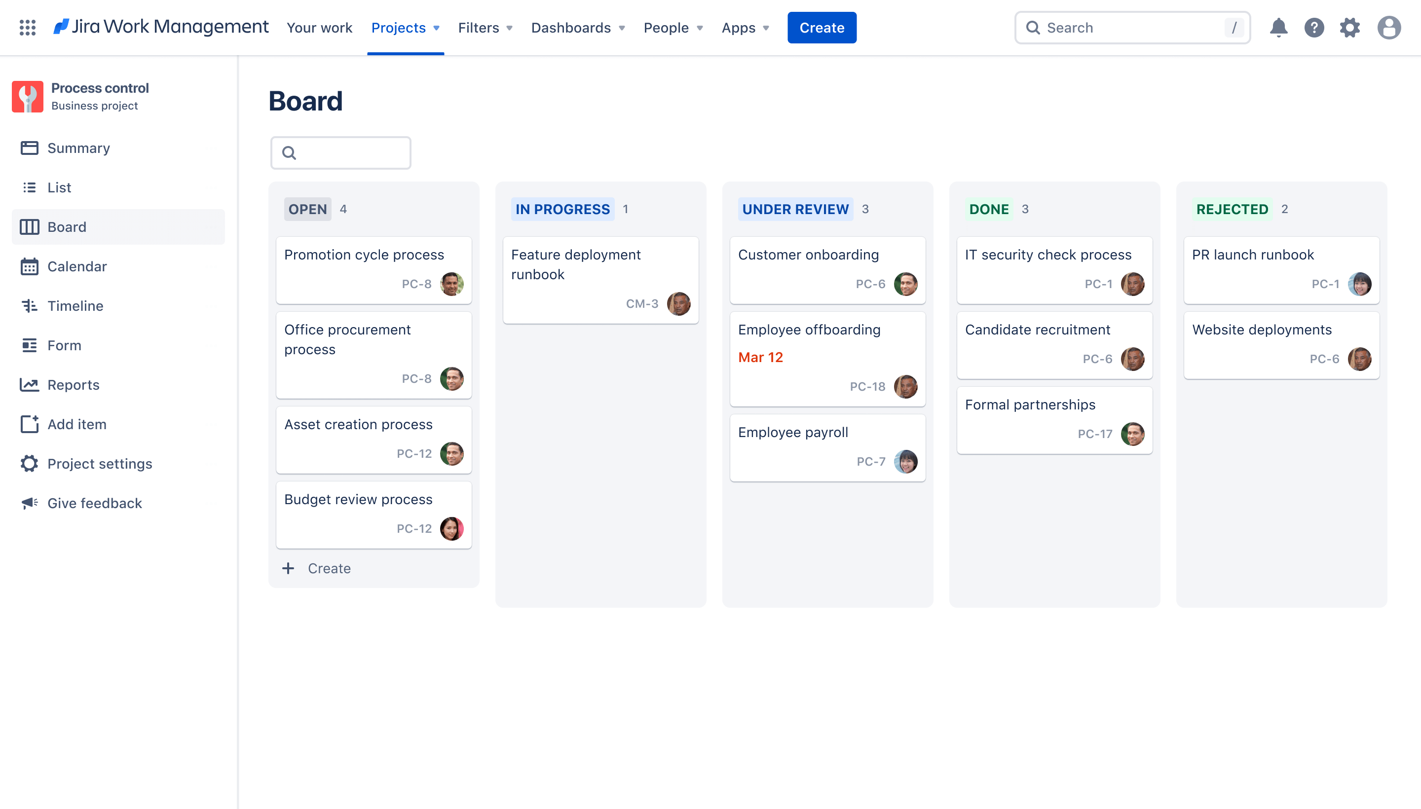 Process control board view on Jira Work Management, Jira software